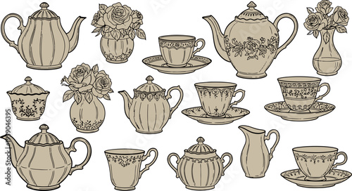 Vintage tea set with elegant teapots floral vases and classic ceramic cups for high tea parties hand drawn vector illustration