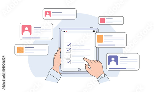 Hands Using Tablet for Online Survey and Customer Feedback Form Vector Illustration