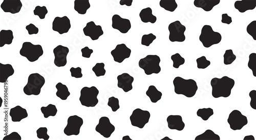 Cow print seamless pattern vector, black and white dalmatian animal spots background, organic hand drawn cattle skin texture for textile design