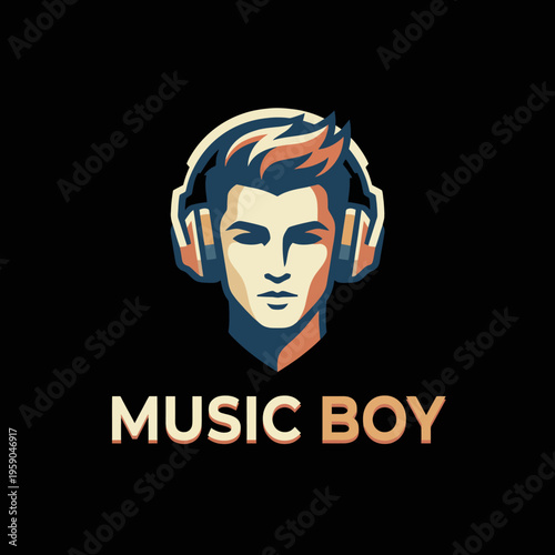 A modern and trendy graphic representation of a young man wearing headphones, embodying the feeling of music and youth culture in a digital art style for brand identity.