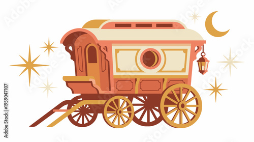 This charming image features a beautifully designed whimsical caravan, showcasing intricate details, warm colors, and elements that evoke a sense of nostalgia and wonder.