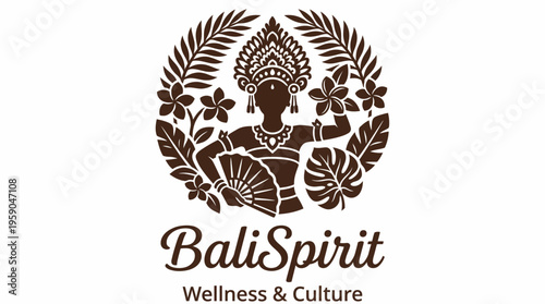 An intricate logo design celebrating Bali's cultural heritage, combining wellness elements with traditional motifs, reflecting tranquility and vibrant culture.