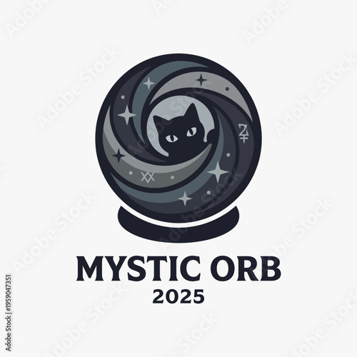 A mystical logo design featuring a cat peering from within a swirling orb, surrounded by stars and astrological symbols, representing mystery and intuition for 2025.