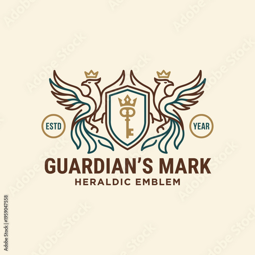 An eye-catching heraldic emblem featuring a key and elegant birds, symbolizing protection, security, and tradition, perfect for branding in law, security, or heritage sectors.
