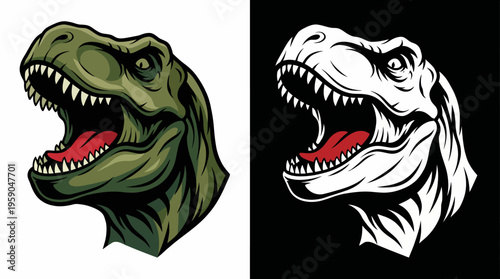 This powerful image showcases a dual-toned illustration of a dinosaur's head, capturing the fierce essence of the creature through bold colors and dynamic design elements.