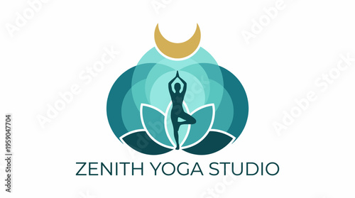 A serene logo for Zenith Yoga Studio depicting a calm figure in a yoga pose, surrounded by lotus petals and a crescent moon, symbolizing tranquility and mindfulness.