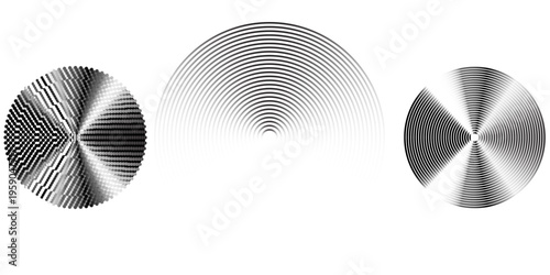 Dotted and linear sound wave signal set. Radial radio and music audio icon collection. Rippled radar vibration element sign bundle. Black curved impulse lines pack. Echo soundwave symbols. Vector
