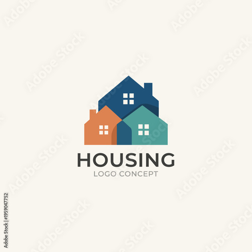 This creative logo concept represents colorful houses stacked together, symbolizing community, unity, and modern residential housing solutions for various real estate needs.