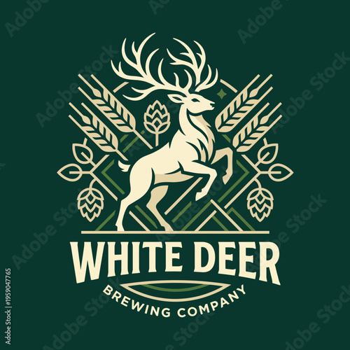 A sophisticated logo design for White Deer Brewing Company featuring a majestic white deer with antlers surrounded by wheat and hops, representing quality craftsmanship in brewing.