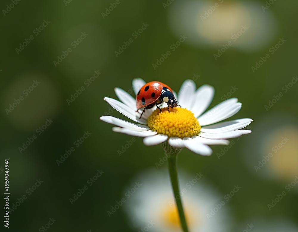 Fototapeta premium Red ladybug sits on white chamomile flower petals. Insect with black spots rests on yellow center. Green blurred background. Macro view shows tiny details.