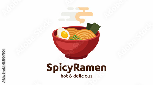 This vibrant illustration depicts a bowl of spicy ramen topped with noodles, a soft-boiled egg, and green onions, exuding warmth and inviting flavors.
