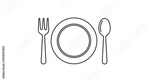 Simple Line Art Icon of a Plate with Fork and Spoon, Minimalist Dining Utensils Symbol