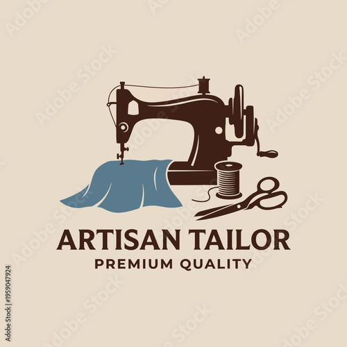 This logo showcases a vintage sewing machine, thread, and scissors, representing high-quality tailoring services and the artistry involved in creating unique garments and designs.