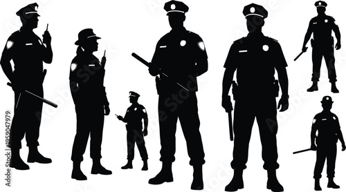 Set of professional police officer silhouettes featuring male and female officers in uniform with batons and radios for security design.