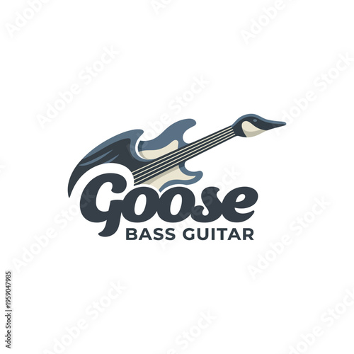 A unique logo design blending a goose and a bass guitar, showcasing creativity and musical talent, ideal for music-related brands or bands.