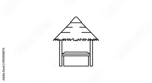Simple Line Art Icon of a Tropical Hut with Thatched Roof and Wooden Counter