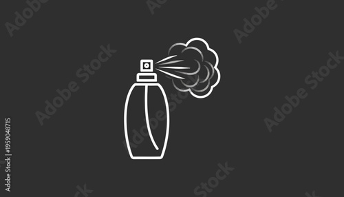 Perfume bottle spraying mist, elegant white outline on dark background, beauty and fragrance concept
