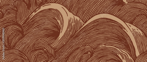 Seamless hand drawn pattern of Japanese inspired waves. Features an earthy brown and tan color palette with textured brush lines in a traditional woodcut and artisanal ukiyo-e style.