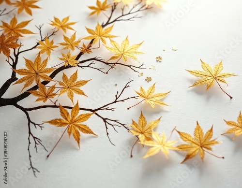 Golden maple leaves branch on white background. Autumn fall season decoration. Elegant natural design element. Minimalist Japanese art style for decor.