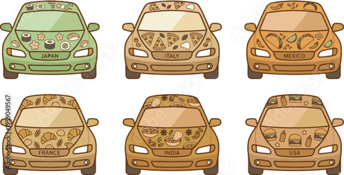Food Delivery Concept Cars with International Cuisines, Japan Italy Mexico and France

