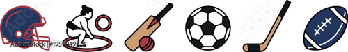 Action Sports and Safety Gear Icons, American Football Sumo and Field Hockey
