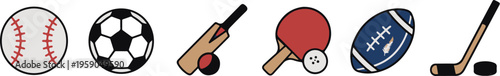 Essential Sports Equipment and Ball Icons, Baseball Soccer Cricket and Hockey Gear
