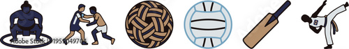 Traditional World Sports Character and Ball Icons, Sumo Wrestling Sepak Takraw and Cricket
