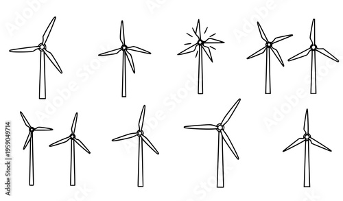 A set of minimalist wind turbine icons in a simple line art style on a white background