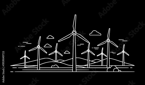 A minimalist white line art illustration of wind turbines on rolling hills with clouds on a black background representing renewable energy and sustainability