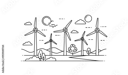 A minimalist line art illustration of wind turbines standing tall in a serene landscape with clouds and a sun
