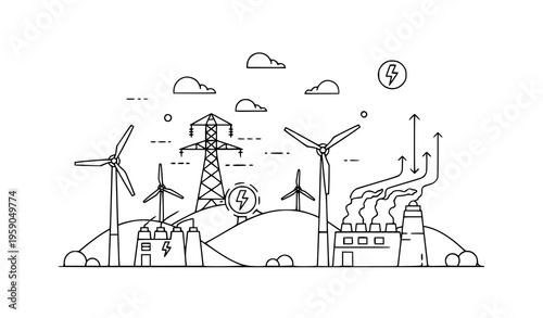 A minimalist line art illustration of a power plant and wind turbines generating electricity in a stylized landscape with clouds and lightning symbols