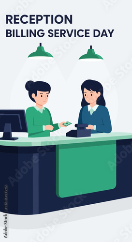 Reception Billing Service Day Illustration Showcasing Financial Transactions and Customer