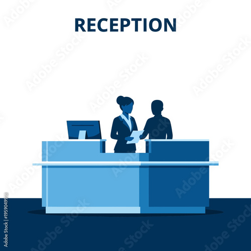 Reception Desk Illustration: Corporate Interaction, Welcoming Guests, Modern Office Design,