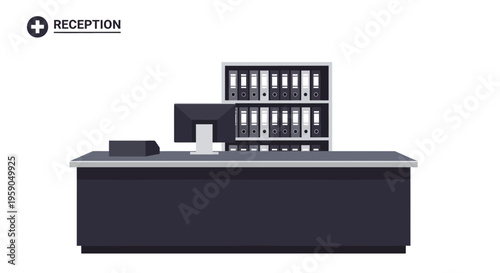 Reception Desk Illustration With Computer, Files and Modern Minimalist Aesthetic Design