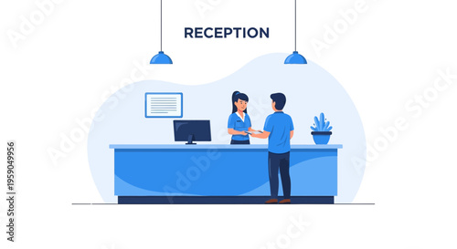 Receptionist And Client Communication In A Modern Office Setting Simple Illustration