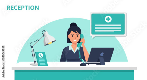 Receptionist Answers Telephone at Medical Office, Healthcare Communication Illustration