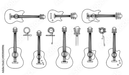 A collection of acoustic guitar illustrations in various views and angles in a minimal line art style