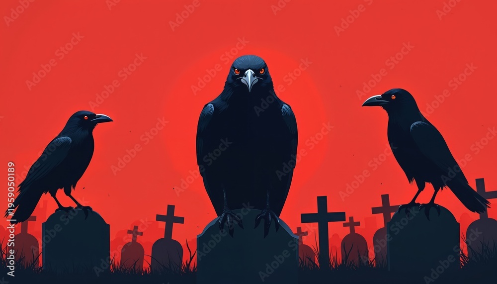 Naklejka premium Three black crows with orange eyes sit on tombstones in a graveyard. Dark silhouette figures against a red sky create spooky Halloween atmosphere. Crows perch on graves at night.