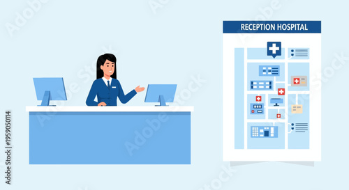 Receptionist Explaining Hospital Layout and Information Display on the Graphic