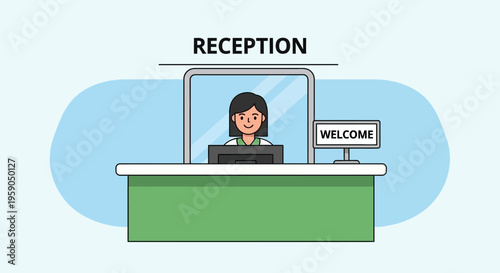 Receptionist Greeting Guests At Front Desk Of Office With Welcome Sign
