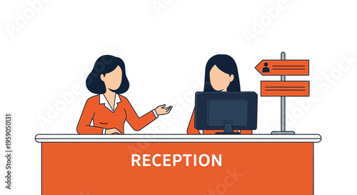 Receptionist Duo Assisting Clients, Offering Information, and Utilizing Technology Efficiently