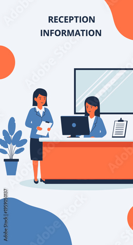 Receptionist Duo At The Front Desk Providing Information And Customer Service In Modern Office