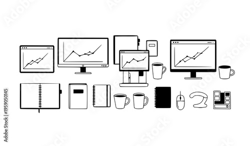 A minimalist vector graphic illustration of various office and technology items including computers monitors laptops notebooks and coffee cups arranged in a flat design style on a white background