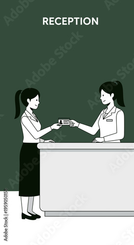 Receptionist Exchange: A Black and White Illustration Depicting Service and Interaction