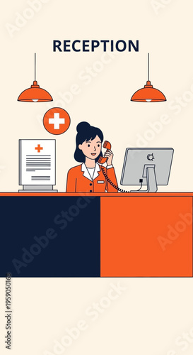 Receptionist In Medical Clinic, Healthcare Professional Communicating With Patient Or Caller