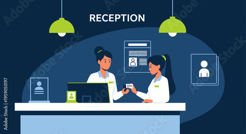 Receptionist Exchange a Card at the Front Desk in the Office Illustration Design