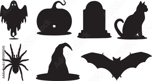 Halloween silhouette icons set, spooky black vector elements including ghost and pumpkin, creepy holiday graphics for party invitations and decor