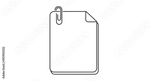 Paper document attached with a paperclip, simple line art icon, isolated on white background.