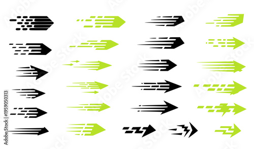 A collection of modern arrow icons in black and green hues on a white background