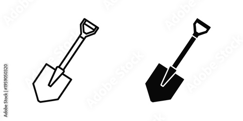 Contrast between a white and black outline shovel and garden hoe tool set.